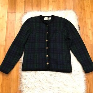 Vintage Alexandra Bartlett 100% Wool Green Black Plaid Womens Sweater Jacket M